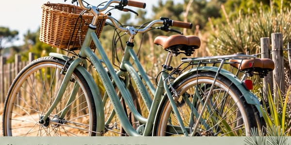 Deux vélos vert d'eau appuyés contre la ganivelle, face au Bassin