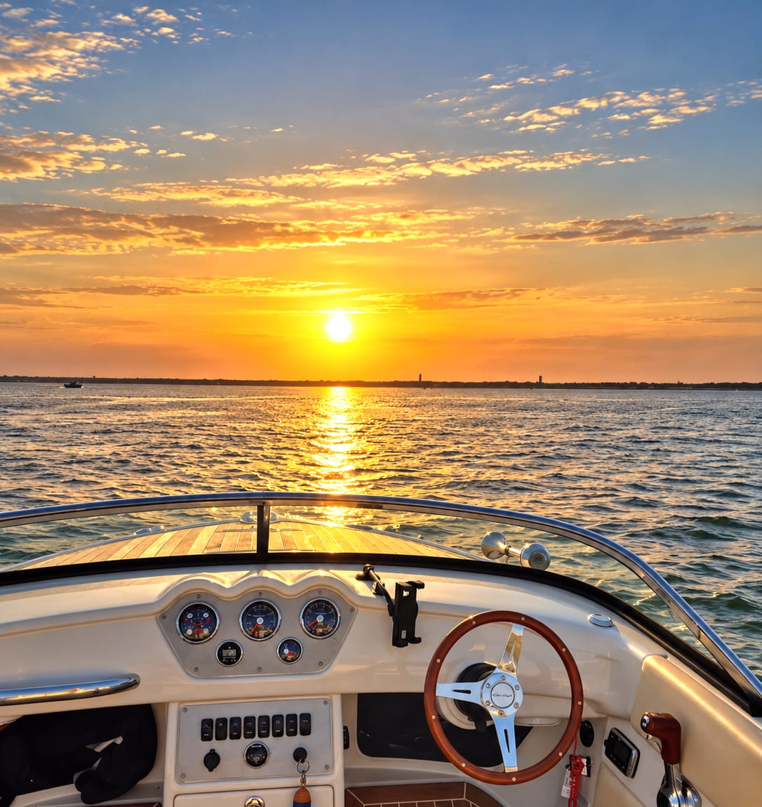 Le poste de barre du Chris-Craft face au soleil couchant