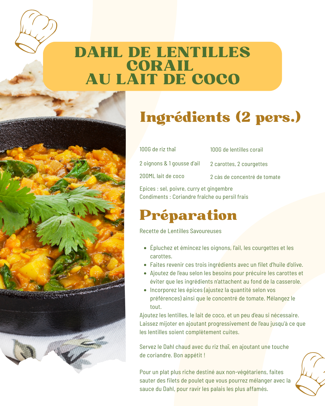 Dahl de lentilles corail au lait de coco : ingrédients pour 2 personnes et préparation