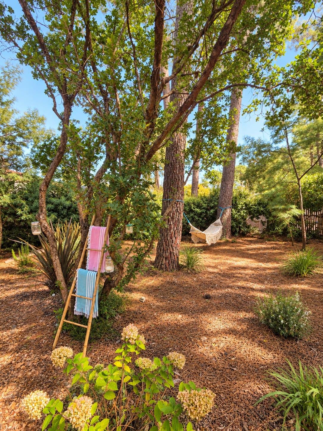 Le hamac et l'échelle à foutas sous les pins du jardin de L'Eden