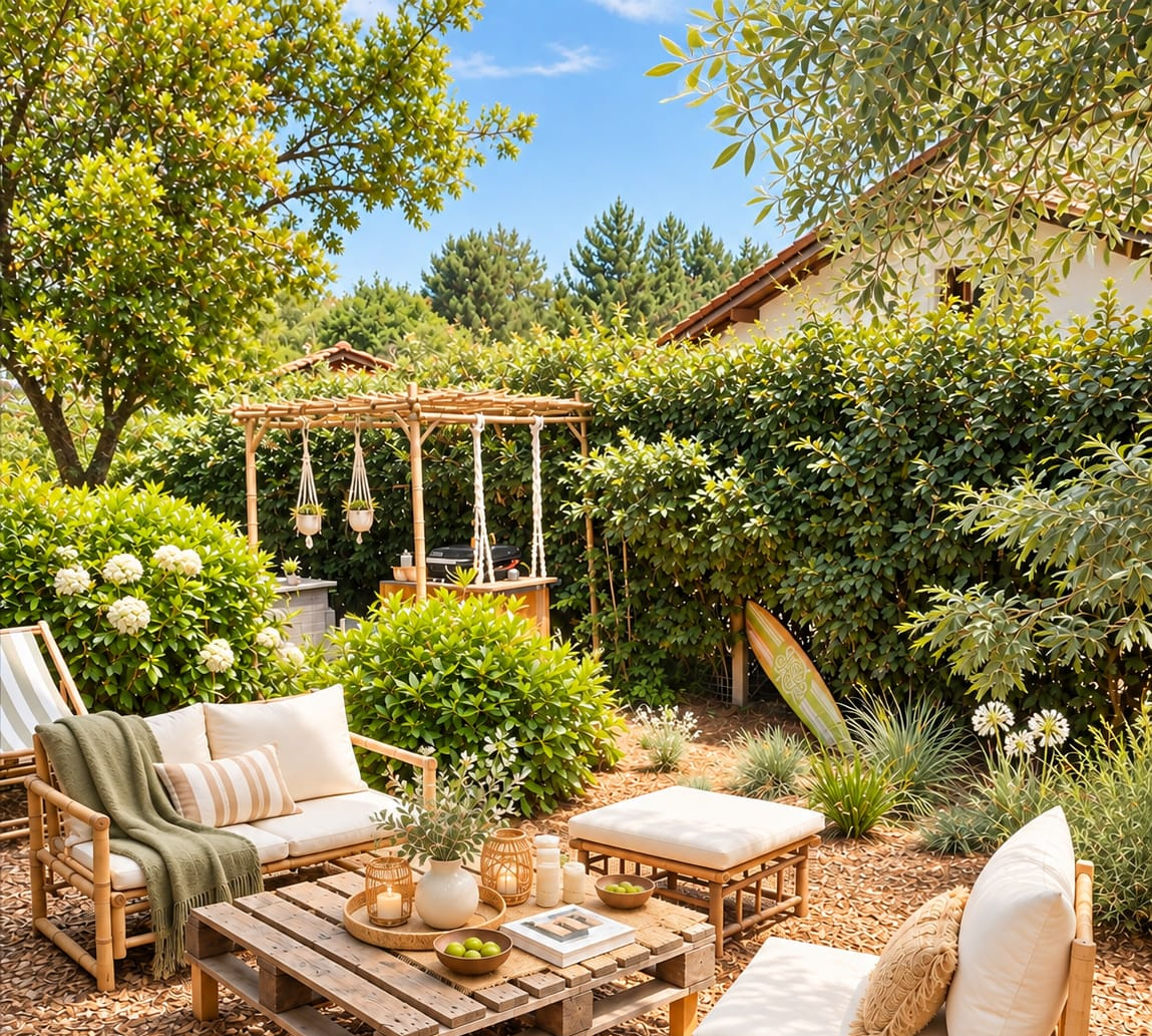 Le salon de jardin en bambou de L'Eden, sa table basse en palette et la pergola